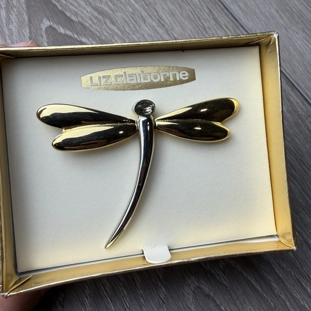 Vintage Liz Claiborne Dragonfly Brooch Two Tone Gold Silver Pin New